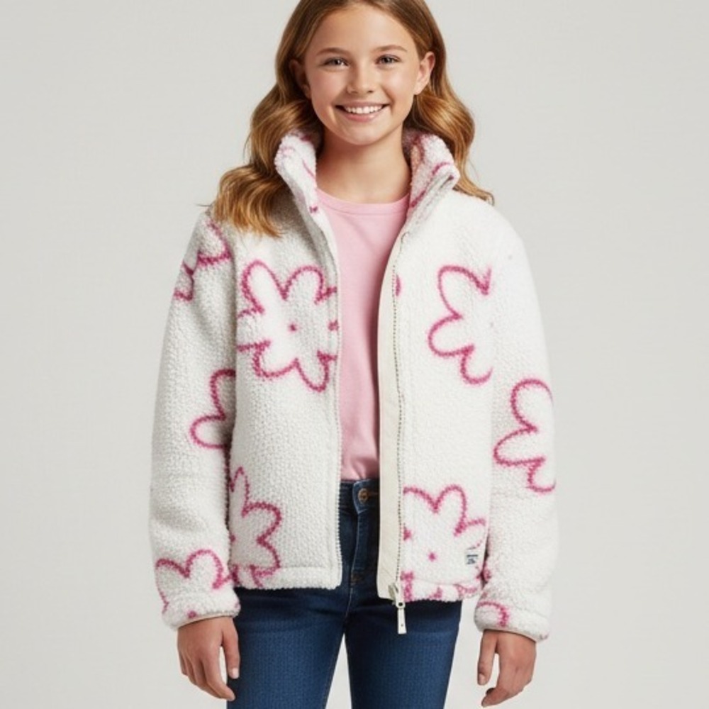 Abercrombie Kids Floral Sherpa Fleece Jacket White Pink Flowers Faux Fur 11/12